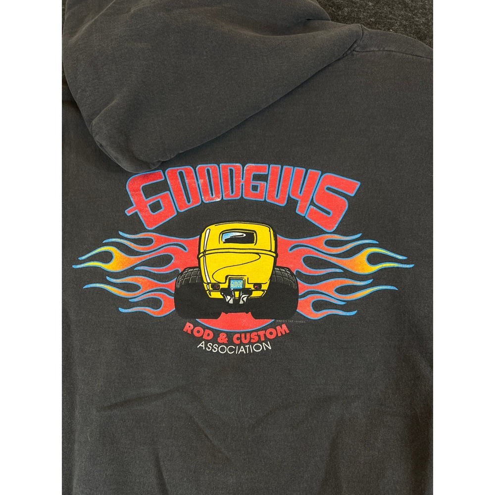 Vintage 90s Biker Hoodie Mens XL Faded Distressed Black Goodguys Rod Custom USA